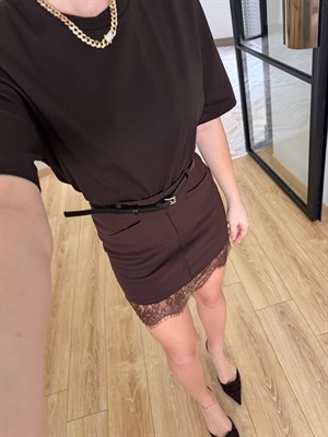 Kahverengi Dantelli Kemerli Etek-1012