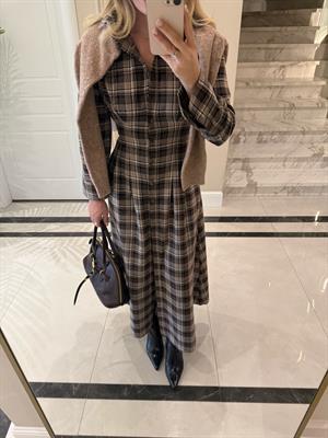 Kahverengi Düğmeli Ekose Desenli Elbise-5229