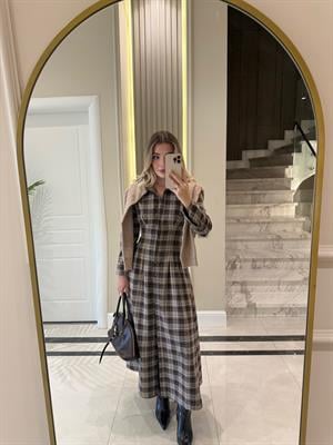 Kahverengi Düğmeli Ekose Desenli Elbise-5229