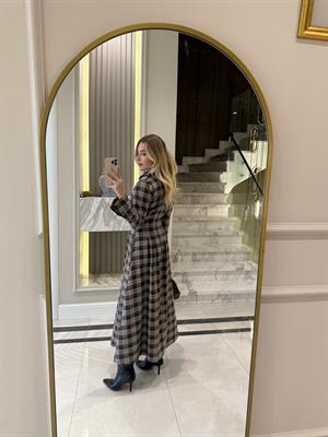 Kahverengi Düğmeli Ekose Desenli Elbise-5229