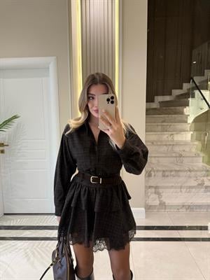 Kahverengi Ekoseli Gömlek Etek İkili Takım