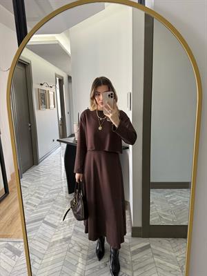 Kahverengi Elbiseli Modal Kumaş İkili Takım-4064