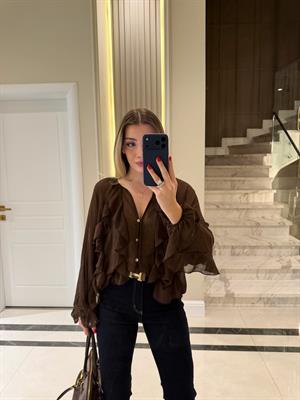 Kahverengi  Fırfır Detaylı Şifon Bluz -70245