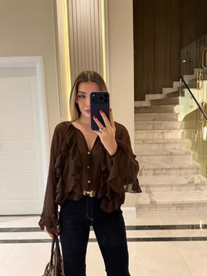 Kahverengi  Fırfır Detaylı Şifon Bluz -70245