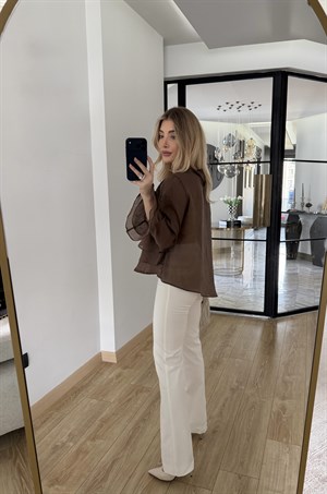 Kahverengi Fırfırlı Bluz-5049