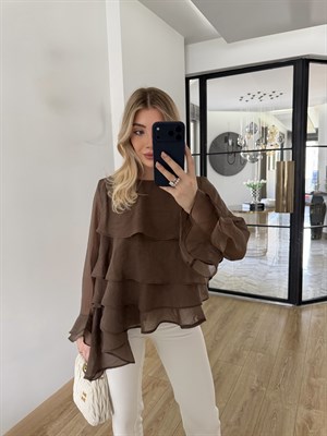 Kahverengi Fırfırlı Bluz-5049