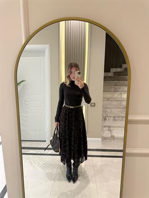 Kahverengi Flok Baskılı Etek-0709 