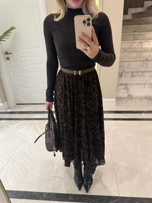 Kahverengi Flok Baskılı Etek-0709 