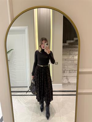 Kahverengi Flok Baskılı Etek-0709 