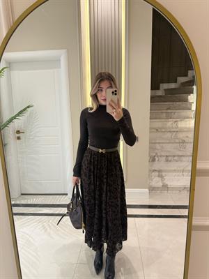 Kahverengi Flok Baskılı Etek-0709 