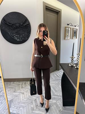 Kahverengi Gold Düğmeli Kemerli Takım-7195