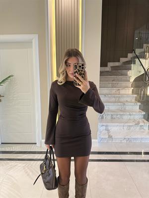 Kahverengi İki Parçalı Tasarım Elbise 