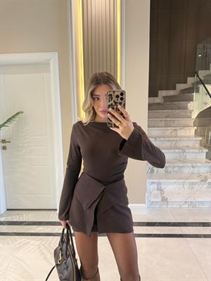 Kahverengi İki Parçalı Tasarım Elbise 