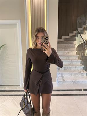 Kahverengi İki Parçalı Tasarım Elbise 