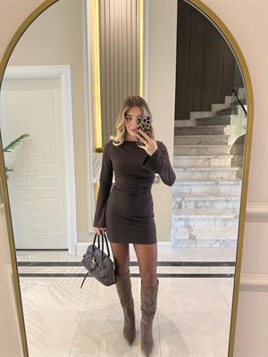 Kahverengi İki Parçalı Tasarım Elbise 