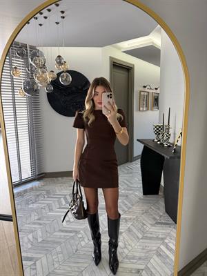 Kahverengi Karpuz Kol Mini Elbise-0789