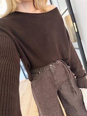 Kahverengi Kayık Yaka Basic Triko Kazak-10804