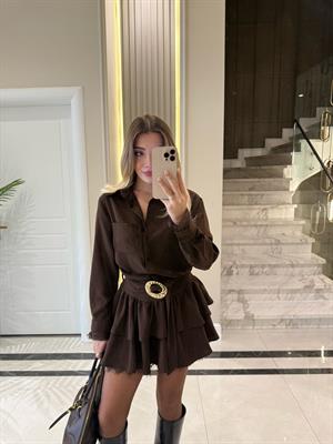 Kahverengi Kemer Detaylı Uzun Kollu Elbise -35518