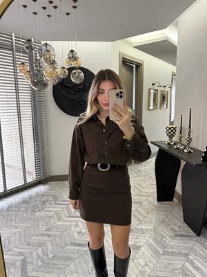 Kahverengi Kemerli Denim Elbise-37067
