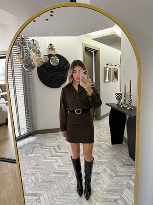 Kahverengi Kemerli Denim Elbise-37067