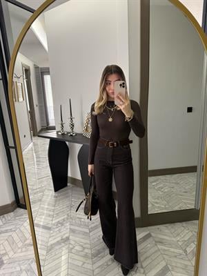 Kahverengi Kemerli Denim Palazzo Jean-1025