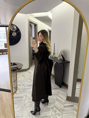 Kahverengi Kemerli Fermuarlı Elbise-37015