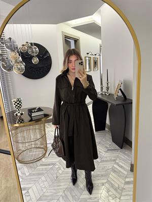Kahverengi Kemerli Fermuarlı Elbise-37015