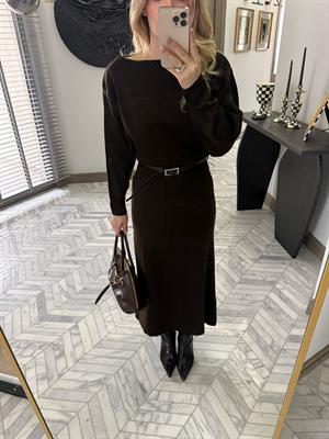 Kahverengi Kemerli Midi Boy Triko Elbise 1118