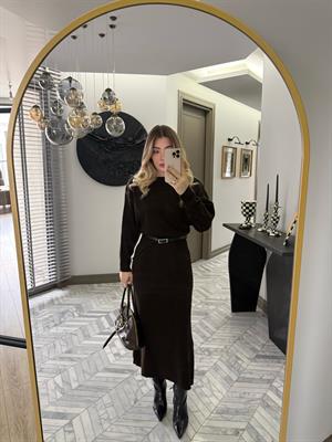 Kahverengi Kemerli Midi Boy Triko Elbise 1118