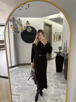 Kahverengi Kemerli Midi Boy Triko Elbise 1118