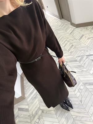 Kahverengi Kemerli Midi Boy Triko Elbise 1118