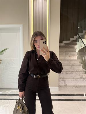 Kahverengi Kemerli Premium Denim Tulum 