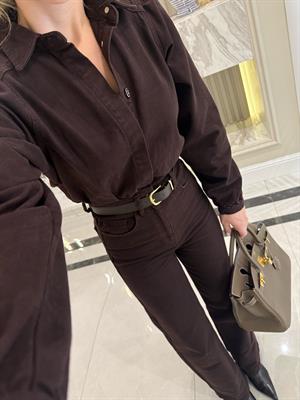 Kahverengi Kemerli Premium Denim Tulum 