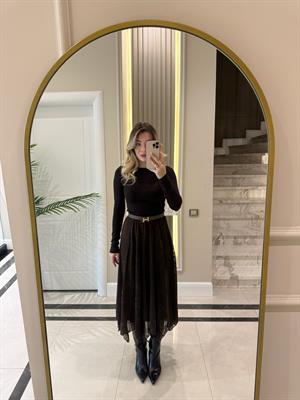 Kahverengi Kendinden Desenli Etek-1136