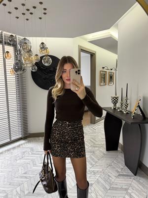 Kahverengi Leopar Desenli Denim Etek-80591