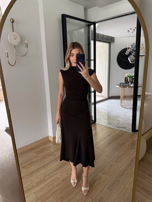 Kahverengi Midi Boy Verev Kesim Elbise-1025