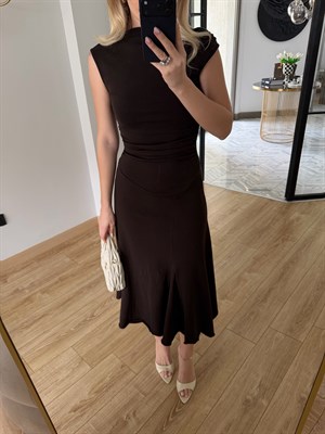 Kahverengi Midi Boy Verev Kesim Elbise-1025