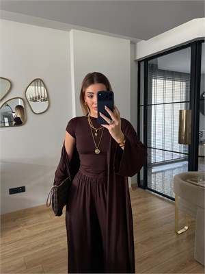 Kahverengi Modal Kumaş Üçlü Kimonolu Takım
