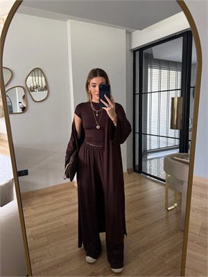 Kahverengi Modal Kumaş Üçlü Kimonolu Takım