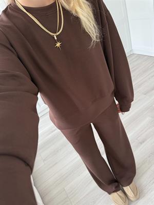 Kahverengi Modal Kumaşlı Bol Paça Pantolon-Sweat İkili Takım 