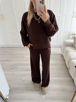 Kahverengi Modal Kumaşlı Bol Paça Pantolon-Sweat İkili Takım 