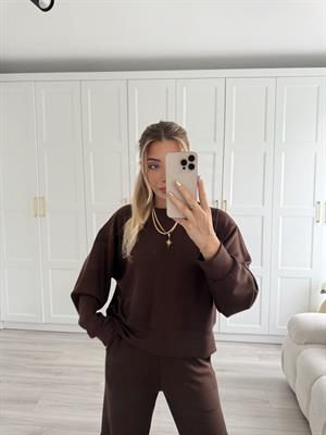 Kahverengi Modal Kumaşlı Bol Paça Pantolon-Sweat İkili Takım 