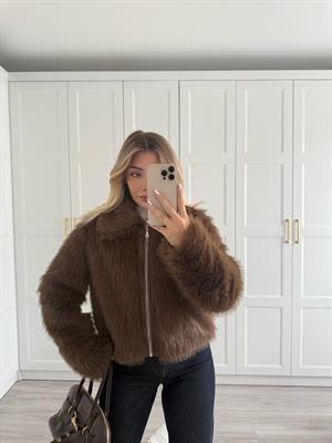 Kahverengi Murcia Fermuarlı Kürk Ceket