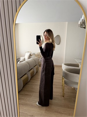 Kahverengi Önü Taşlı Denim Pantolon