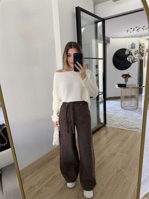 Kahverengi Önü Taşlı Denim Pantolon