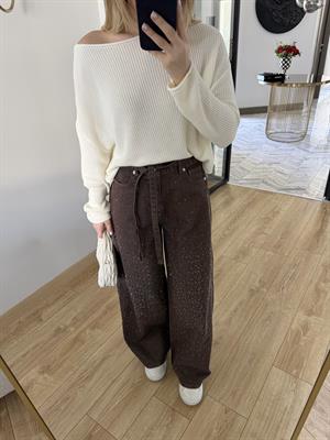 Kahverengi Önü Taşlı Denim Pantolon