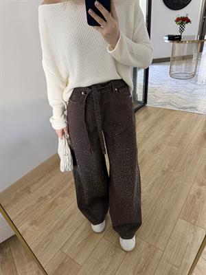 Kahverengi Önü Taşlı Denim Pantolon