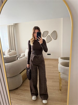 Kahverengi Önü Taşlı Denim Pantolon
