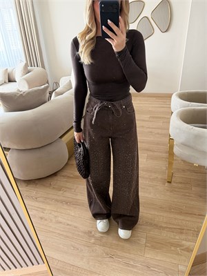 Kahverengi Önü Taşlı Denim Pantolon