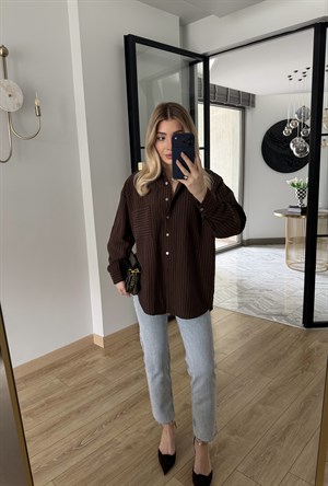 Kahverengi Oversize Dokulu Gömlek-5000